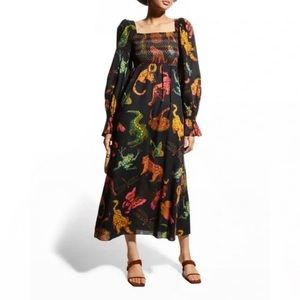 Farm rio animal life maxi midi dress smocked boho tropical tassel